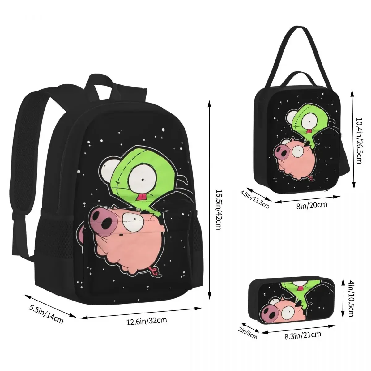 Invader Zim Art Backpacks Boys Girls Bookbag Children School Bags Cartoon Kids Rucksack Lunch Bag Pen Bag Three-Piece Set