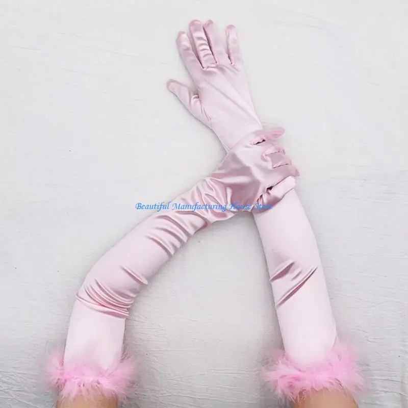 E56A Wedding Party Women Satin Long Gloves 55cm Long Banquet Party Gloves Color Etiquette Elastic Driving Gloves