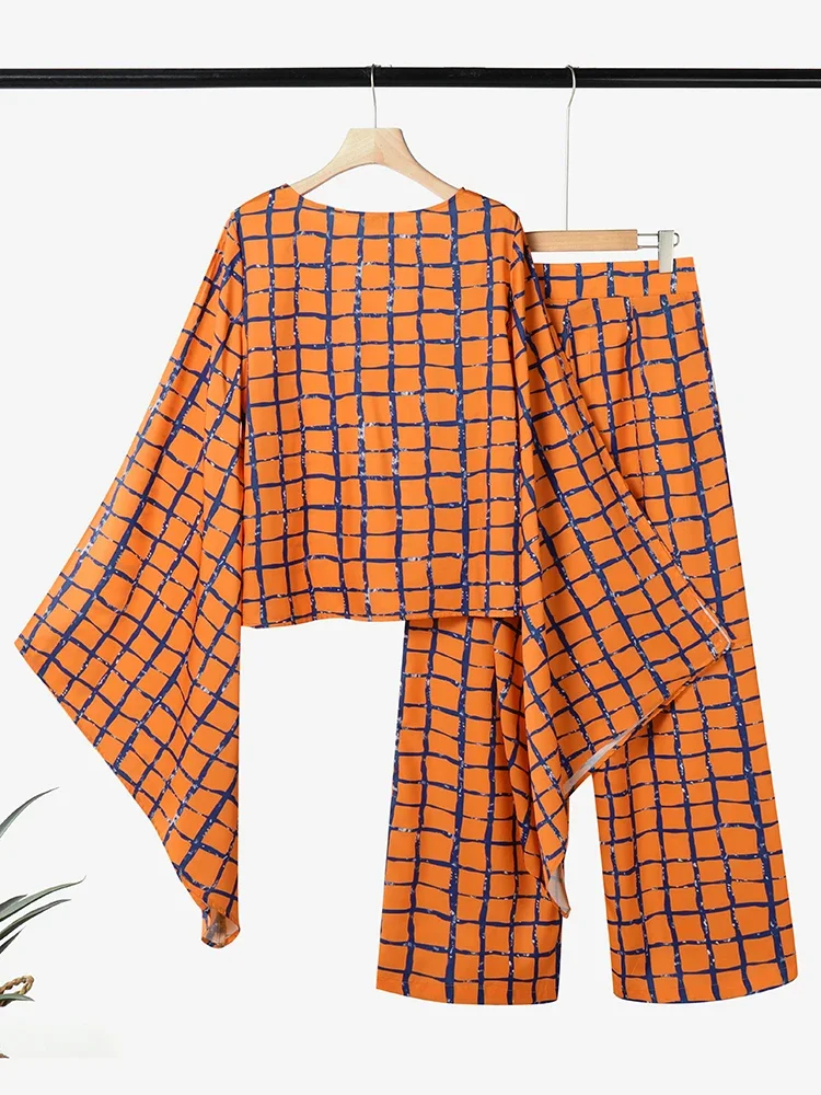 Plus size 5xl vonda feminino vintage impressão calça define outono manga longa alargamento topos boêmio casual 2 pçs moda 2 peça roupas