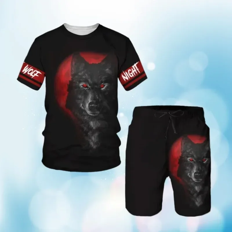 Conjunto de camisetas masculinas animal o lobo impressão carta shorts agasalho 2 peça roupas verão oversized homem roupas moda streetwear