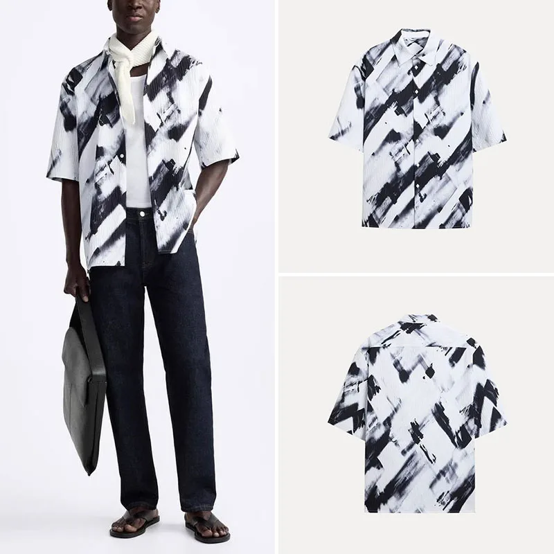 

Loose Fit Printed Stripe ort Sve Casual irt for Men Spring 2025 New Arrival Z Polyester Fiber 00% Regular Thin