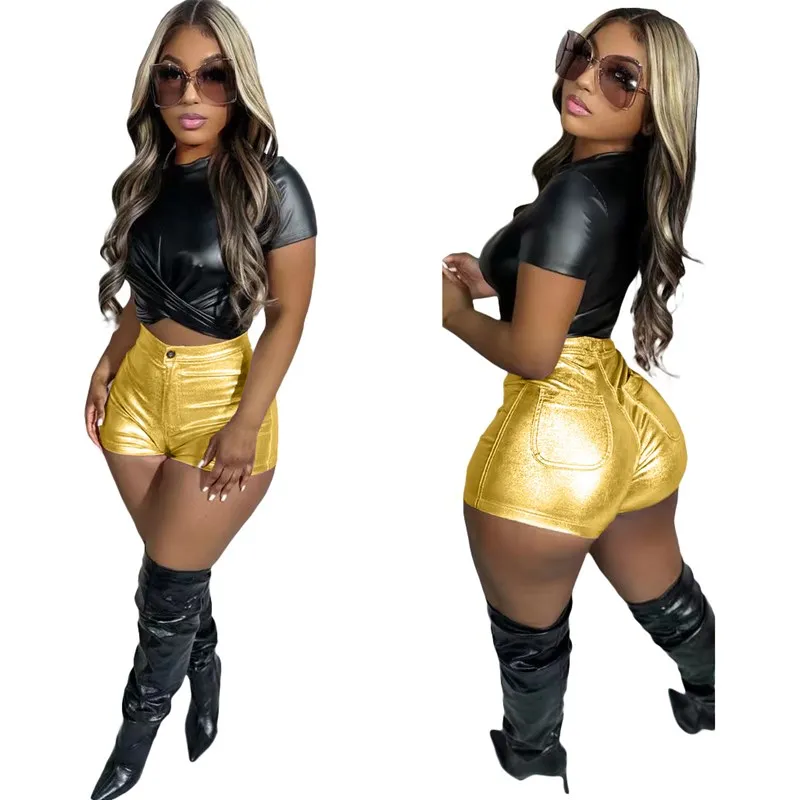 2024 Sexy Candy Color Metallic PU Leather Shorts for Women Streetwear Fashion Short Pant Rave Clothes High Waist Booty Shorts