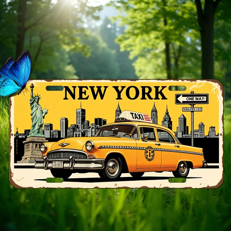 HD Aluminum Print, Vintage New York City Yellow Taxi Statue of Liberty Retro License Plate Style Wall Art, High Definition Bend-