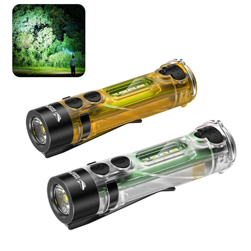 Mini LED EDC Flashlight Strong Penetration Transparent Pocket Torch USB C Rechargeable Long Endurance Camping Work Light