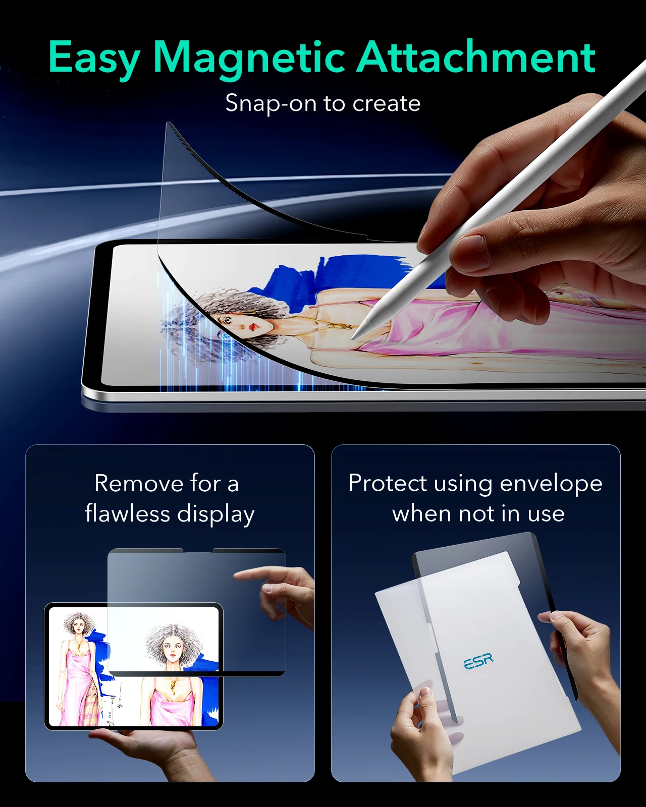 ESR 2 Packs iPad Air 13/11&Pro 11/13&iPad 12/11/10 Gen Paper-Feel Magnetic Screen Protector Detachable&Reusable Screen Film