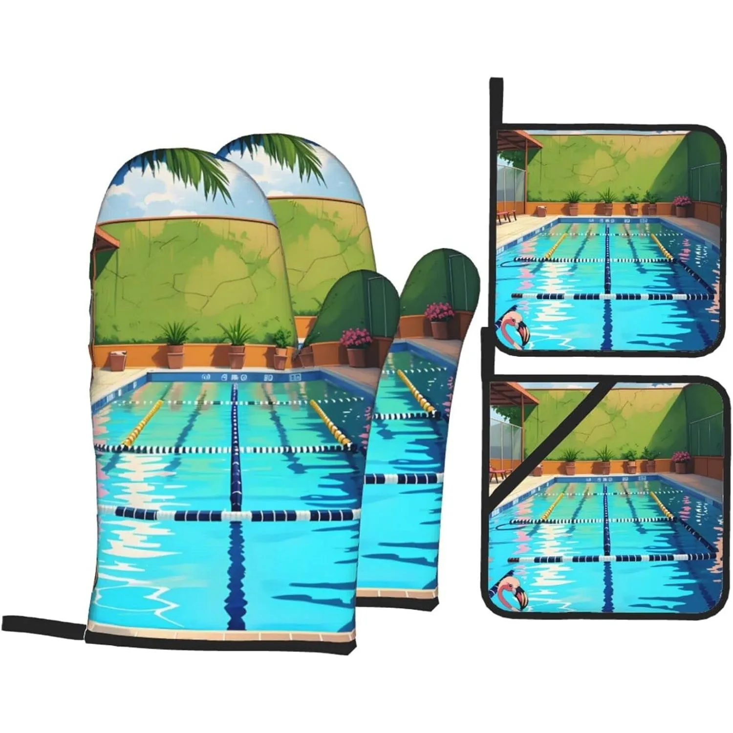 Flamingo and Swimming Pool Silicone Oven Mitts and Potholders, Set of 4, Durable Cooking Mitts, Countertop Safe Trivets