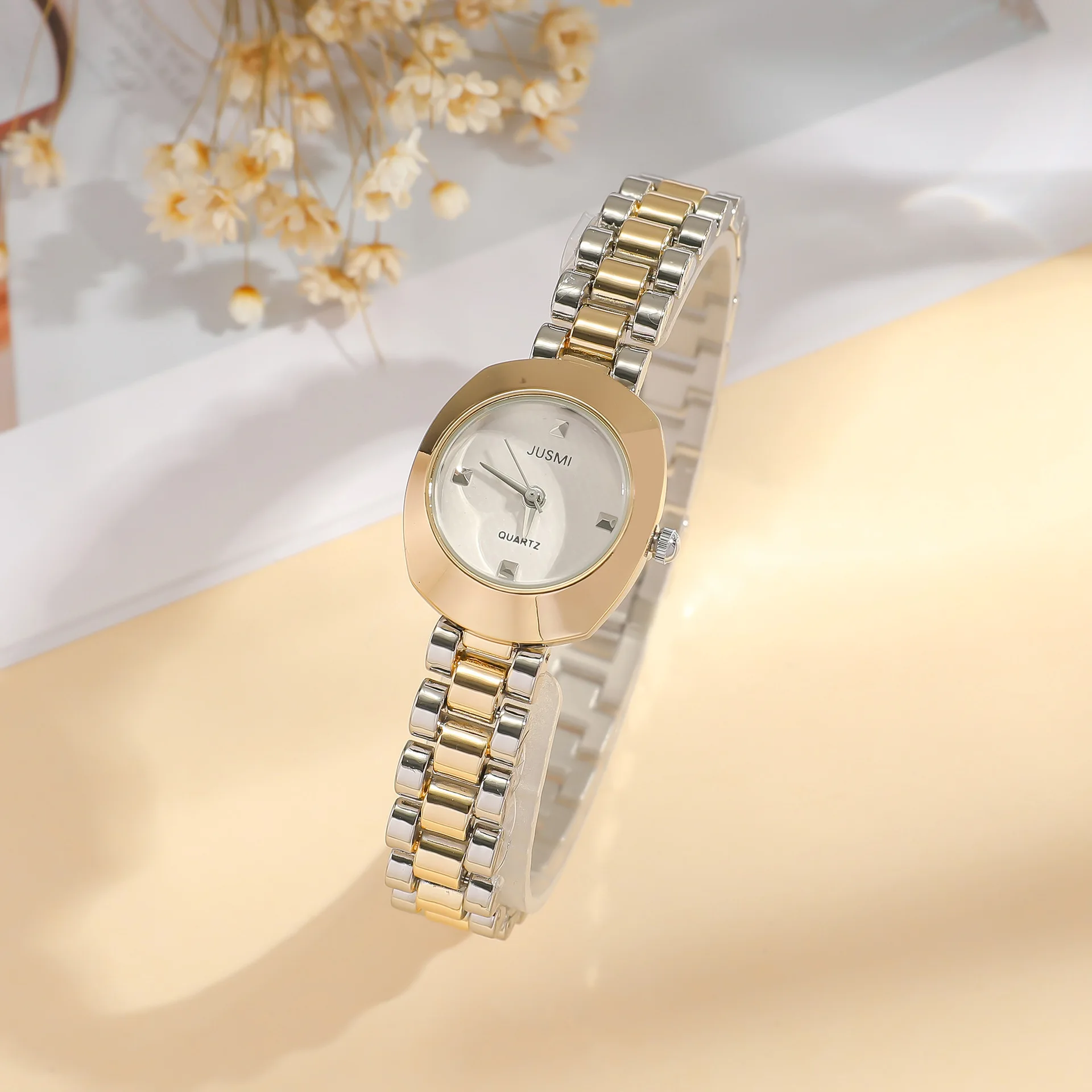 Minimalist Women's Wristwatch with Diamond Inlay, Gold Band Between Scales, Quartz Strap, Women's Watch