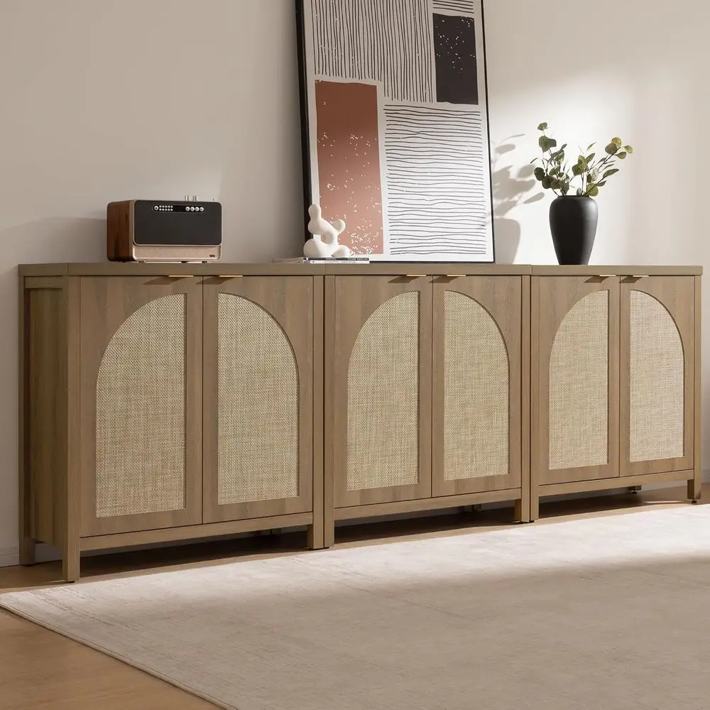 

102" W Rattan Sideboard Buet Cabinet with Storage Set o 3, Century ern Crza with Arch Do& Shelves armhouse Coee Bar Media ole Ca