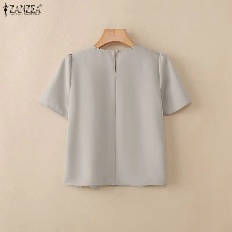 ZANZEA Women Elegant Scalloped Hem Blouses Short Petal Sleeves O-Neck Solid Color Tops Summer Casual Daily Wear Blusas de Mujer