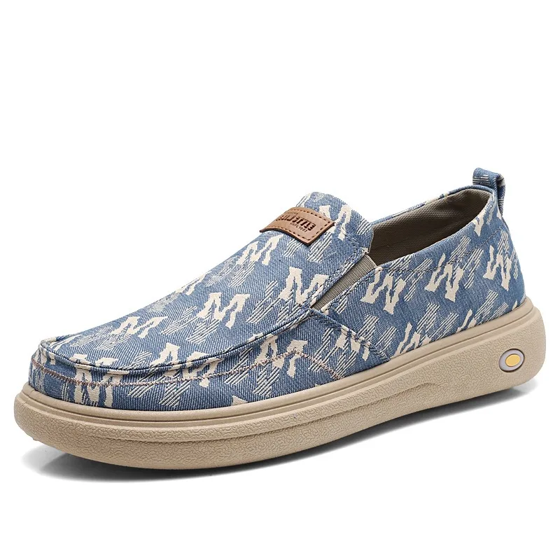 Men Letter Print Denim Slip On Loafers Breathable Platform Non Slip Rubber Sole Casual Driving Shoes