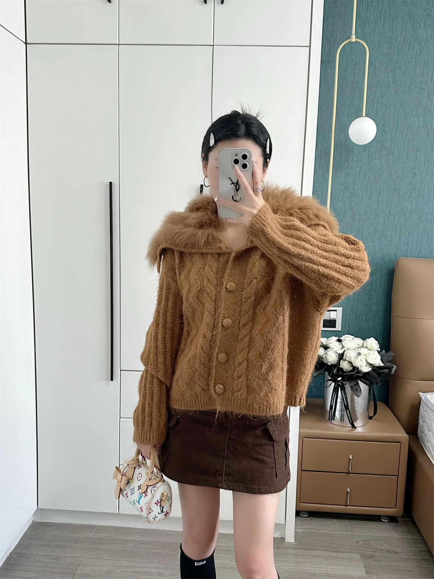 

2025 Autumn Winter New Sle Korean Navy Collar Fur Knitted Cardigan Women's Slimming Sweater Neutral Sle Vertical Spli...