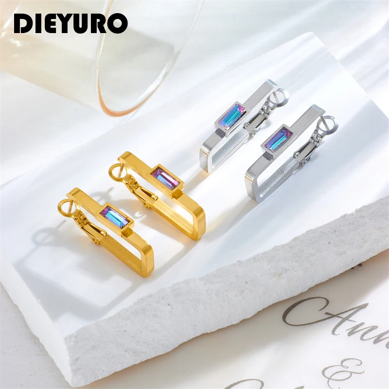 

DIEYURO 316L Stainless Steel Square Colorful Zircon Earrings For Women Girl Fashion Gold Silver Color Geometric Jewelry Gift