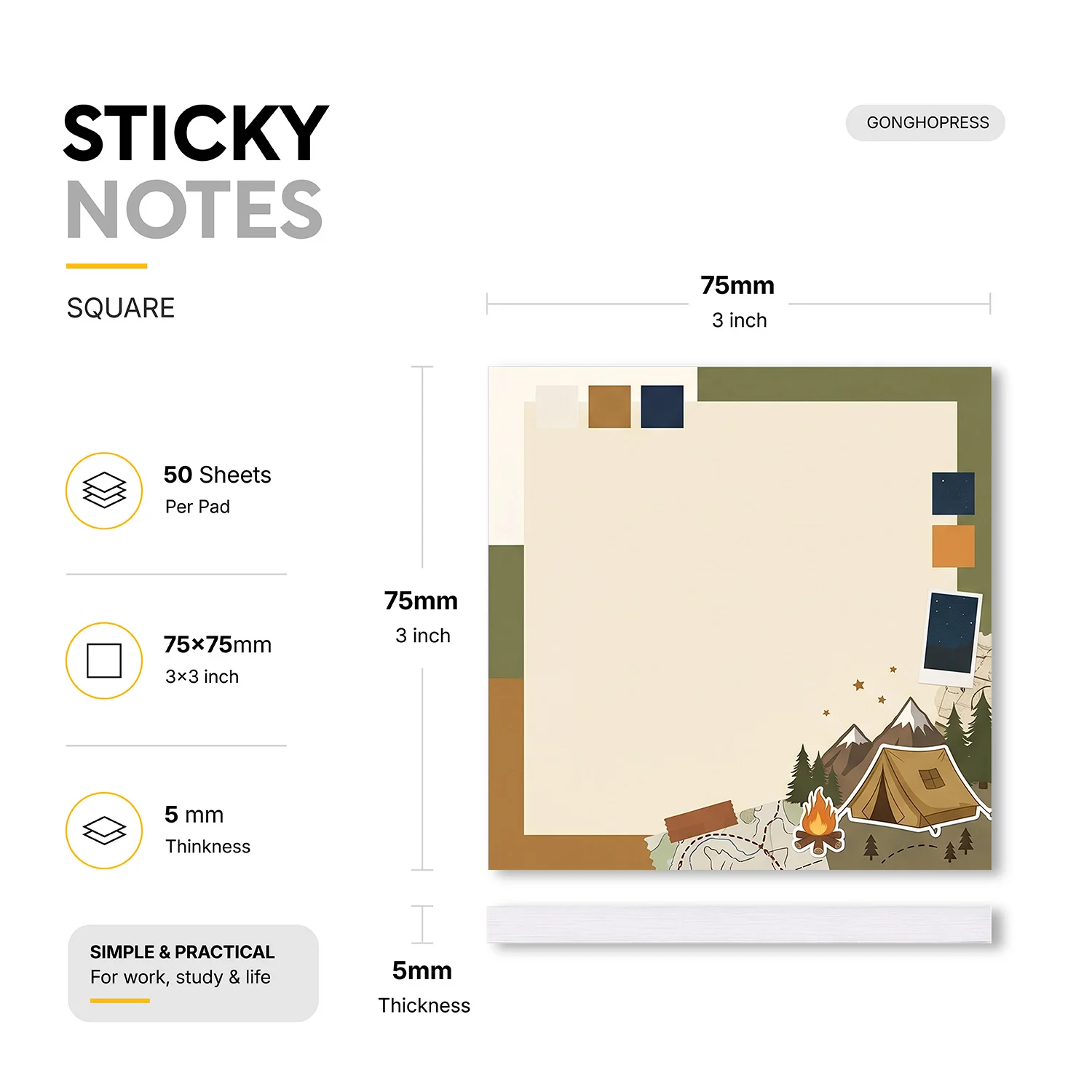 2pcs Camping Sticky Notes, Mountain Forest Adventure Memo Pads, 100 Sheets Total, Removable Self-Adhesive Notes for Planner
