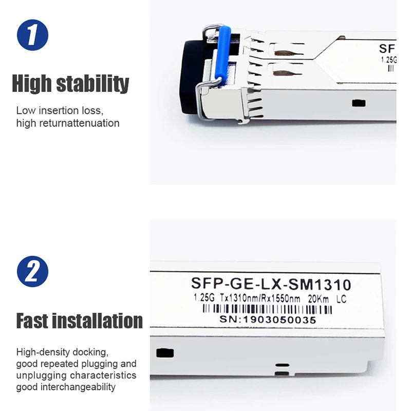 Fiber Optic Single Mode Adapter Module for SFP-GE-LX-SM1310nm 20km Transmission Network Gigabit Single Fiber LC Connector 1.25G