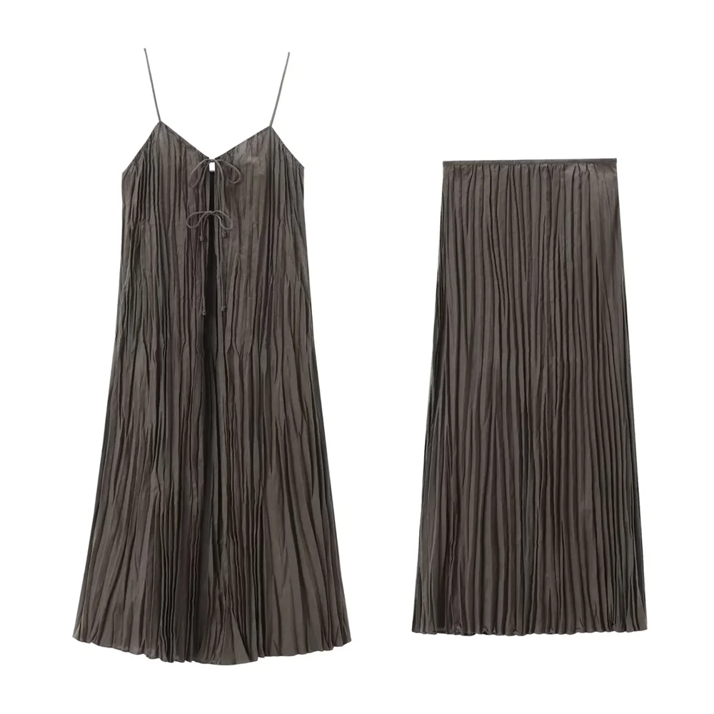 2024 Summer New Women\'s Folding Brown Pleated Long French Retro Pleated Sleeveless Style Sling Dress