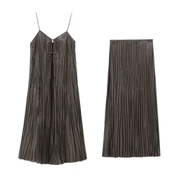 2024 Summer New Women's Folding Brown Pleated Long French Retro Pleated Sleeveless Style Sling Dress