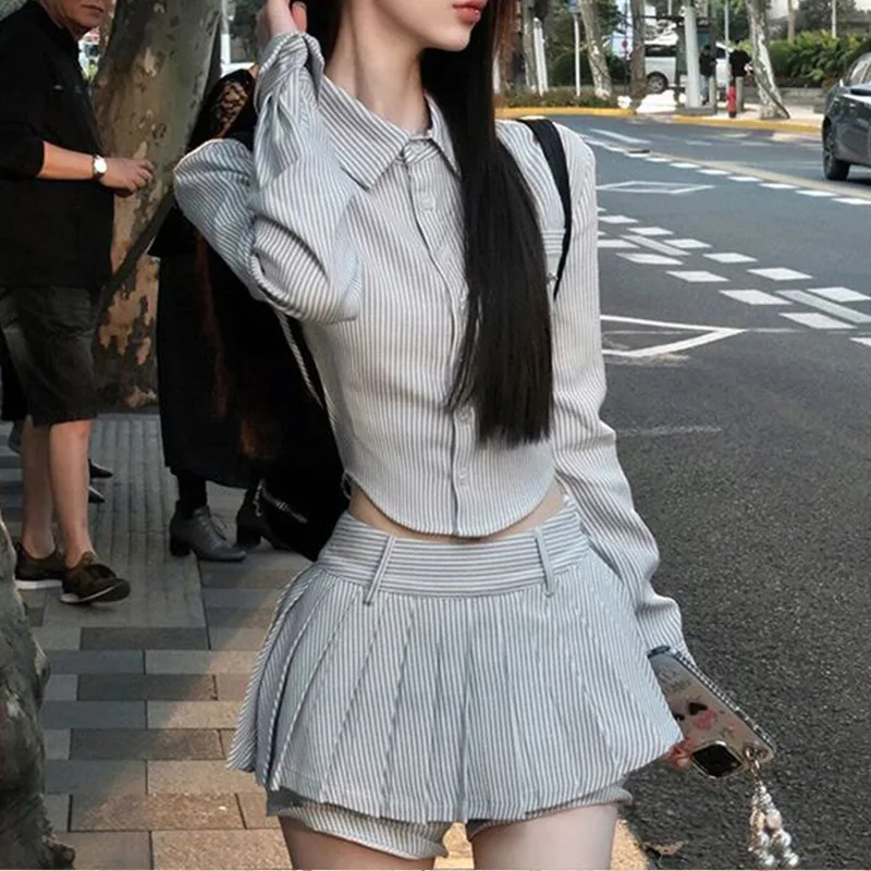 

College Striped Long Sleeve Shirt Top Women's 2026 Spring and Autumn High Waist Pleated Skirt Pants Two-piece Set