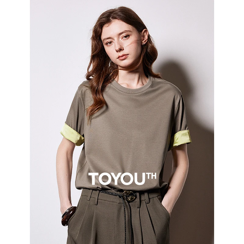 TOYOUTH Women Short Sleeve T-shirt 2025 Spring New Chinese Style Silk Satin Round Neck Pullover Tops