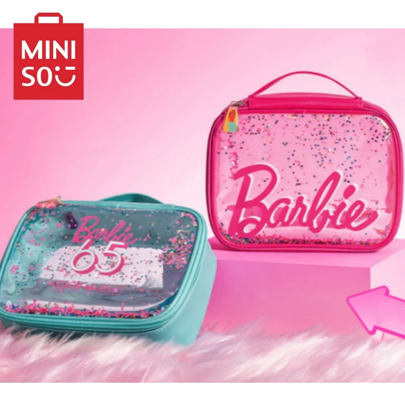 

22Cm Miniso Barbie Handbag Large Capacity Portable Makeup Brush Storage Anime Cartoon Women Fashion Transparent Cosmetic Bag