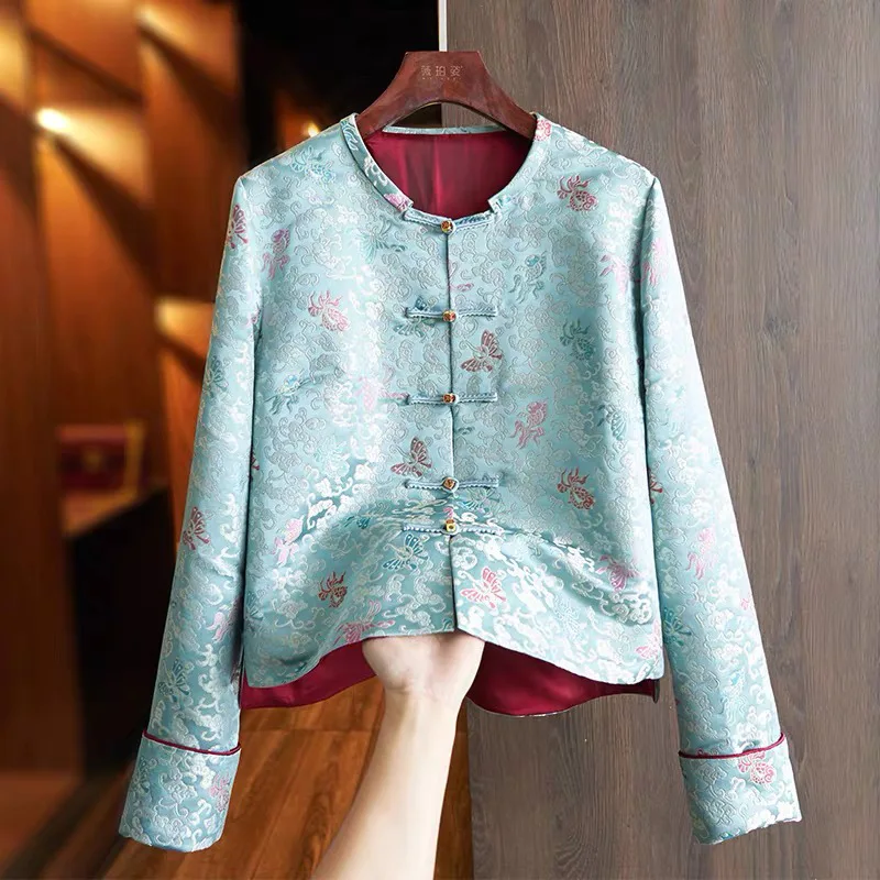 

Mulberry Silk Song Brocade Coat, Modern Chinese Cardigan with Knotted Buttons, Elegant Tang Suit Jacket