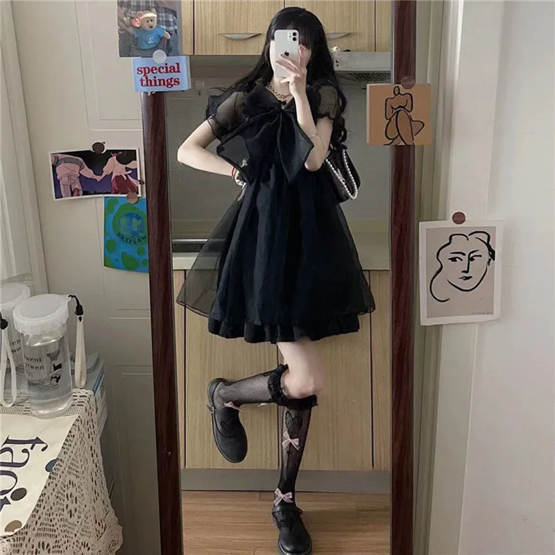 Instagram Fashion Lolita Dress Spring/Summer 2024 New Bow Mesh Short Sleeves Fluffy A-line Short Skirt for Women