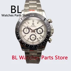 BLIGER 39mm Quartz Chronograph Watch For Men VK63 Movement Silver Case Black Bezel Sapphire Glass White Panda Dial Date