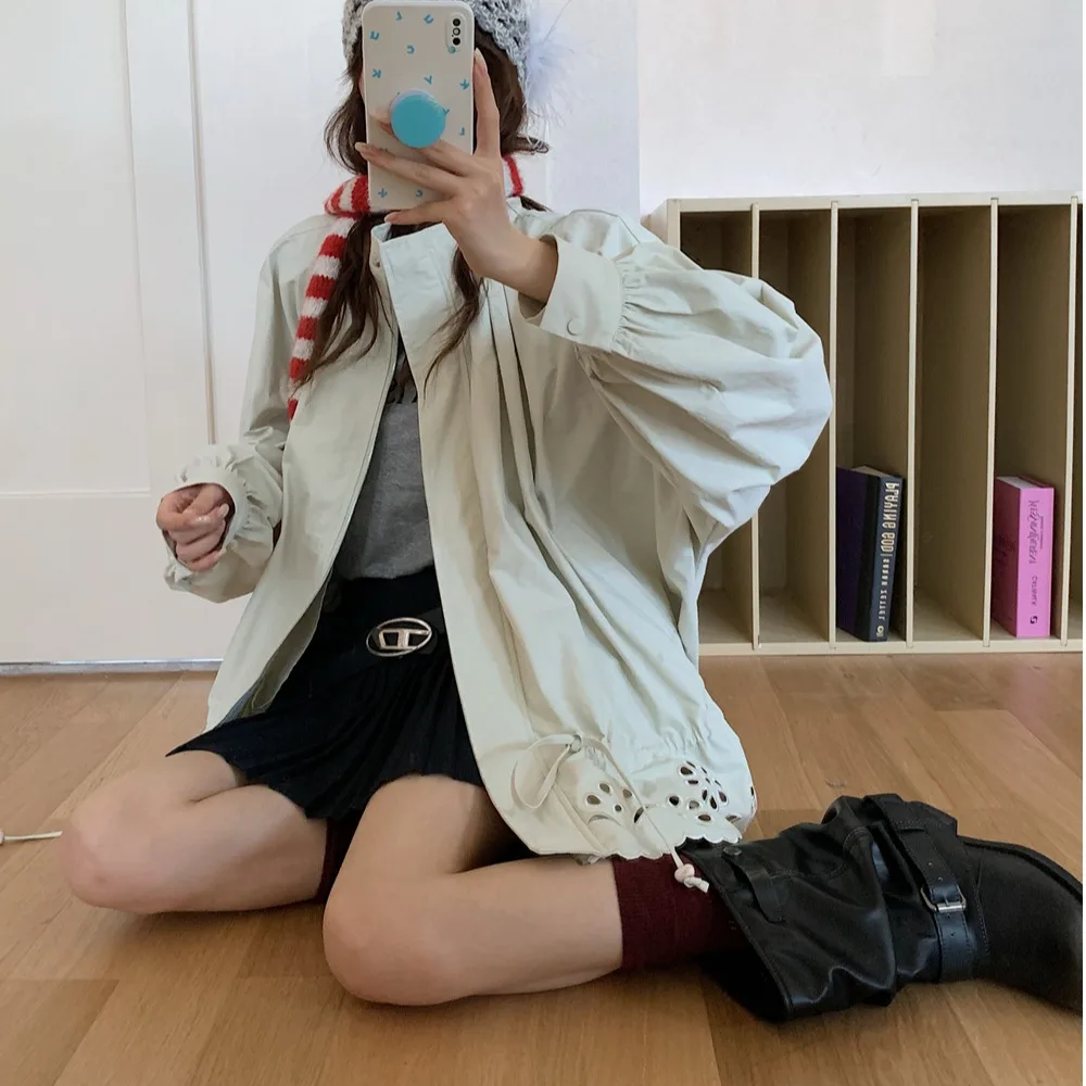 

Women's Loose Fit Stand Collar Flower Bud Hollow out Long Sve Coat Autumn Winter New Sle Faionable Casual Outerwear