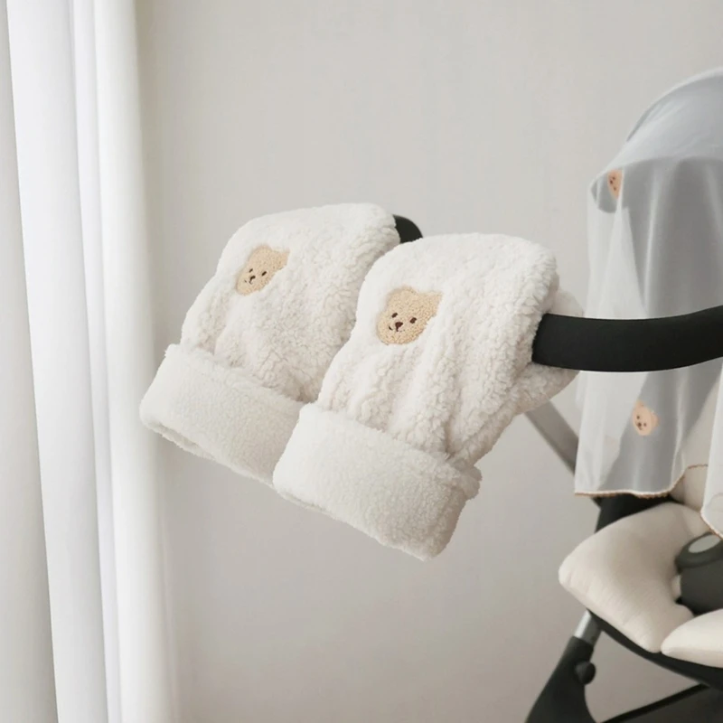 

Cute Bear Embroidery Gloves for Baby Stroller Cold Weather Hand Warmer Pram Cart Handmuff with Thick Fleece Lining