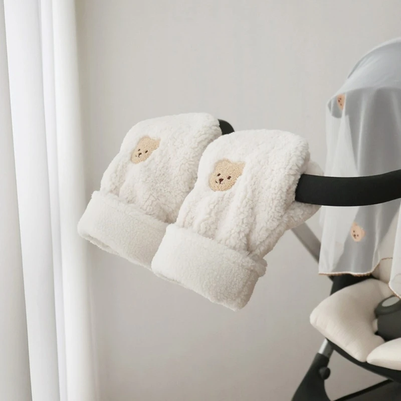 Cute Bear Embroidery Gloves for Baby Stroller Cold Weather Hand Warmer Pram Cart Handmuff with Thick Fleece Lining