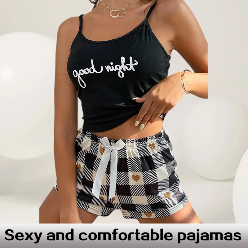 Two Piece Women\'s Summer Home Set with Round Neck Suspender Letter Vest Bow Plaid Shorts Pajama Set