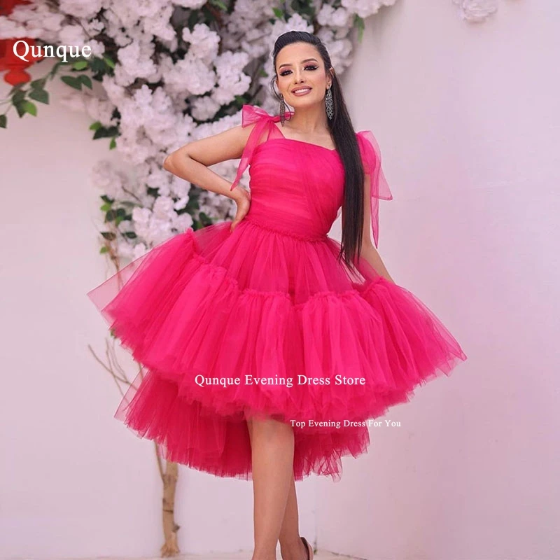 

Qunque Elegant Deep Pink Tulle Prom Dresses Spaghetti Straps Bow Ruched Knee Length A-Line Evening Gowns Formal Pageant Dress