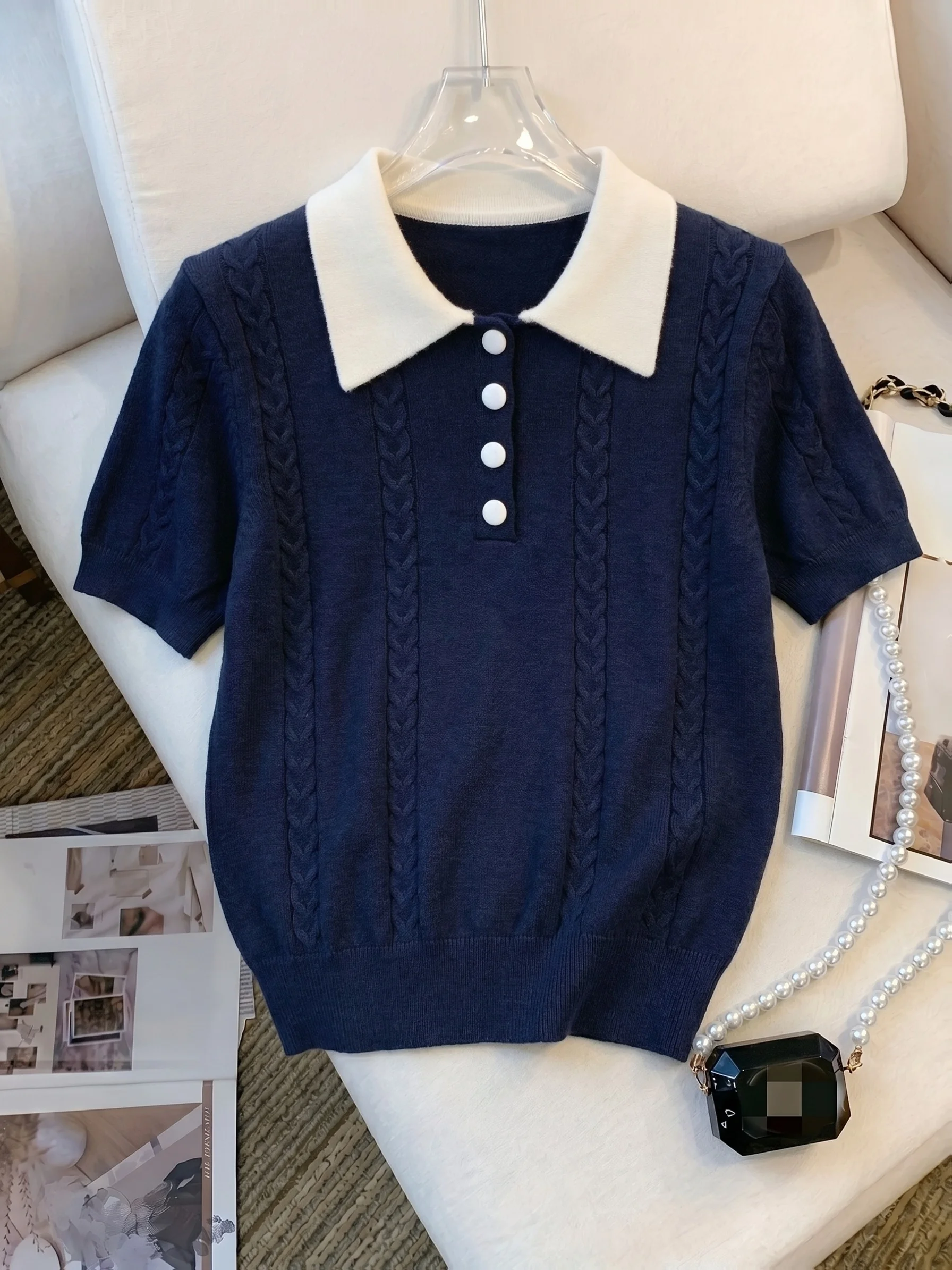 Polo Collar Color Block Cable Knit Jumper Women Navy Short Sleeve Buttons Stretchy Preppy Daily Summer Pullover Sweater Blouse