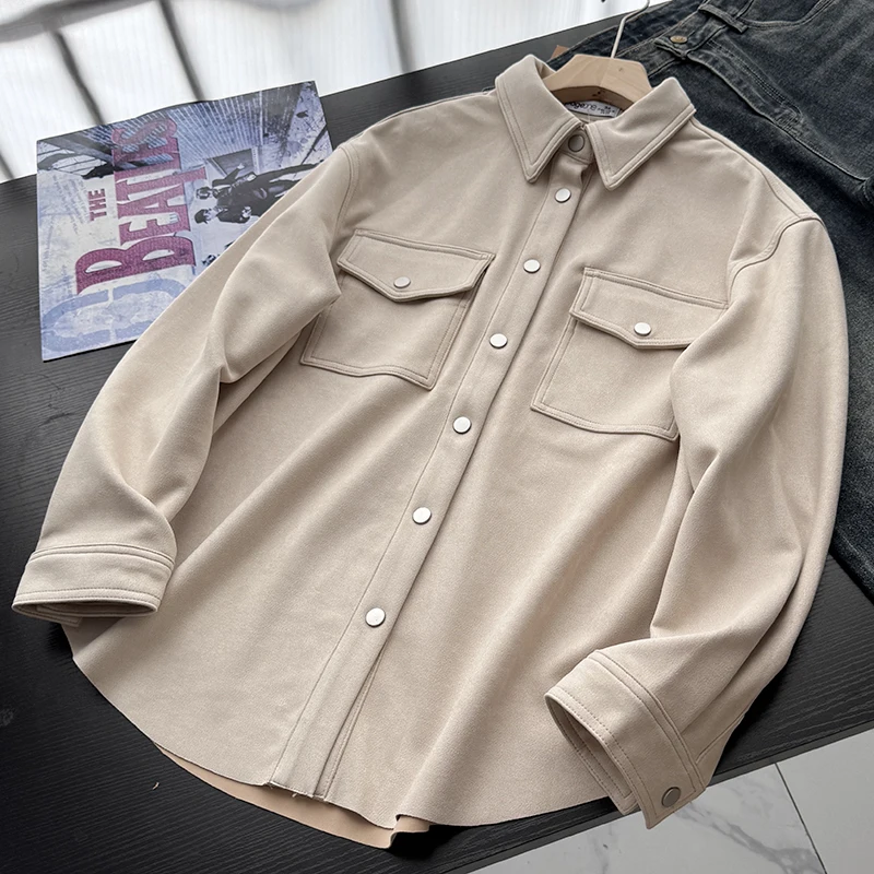 سترة قميص أنيقة بأكمام طويلة وزر واحد من الجلد المدبوغ، تصميم عصري بملمس راقٍ، قصة قياسية، مزيج من البوليستر للرجال متوسطي العمر #5