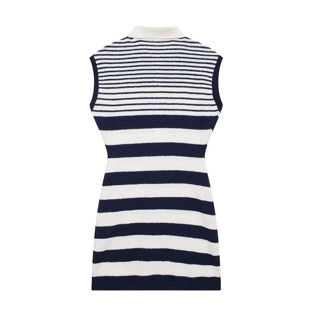 Women's 2024 New Fashion Chic Joker Bias Cut Knit Striped Mini Dress Retro Sleeveless Dress Vestidos Mujer