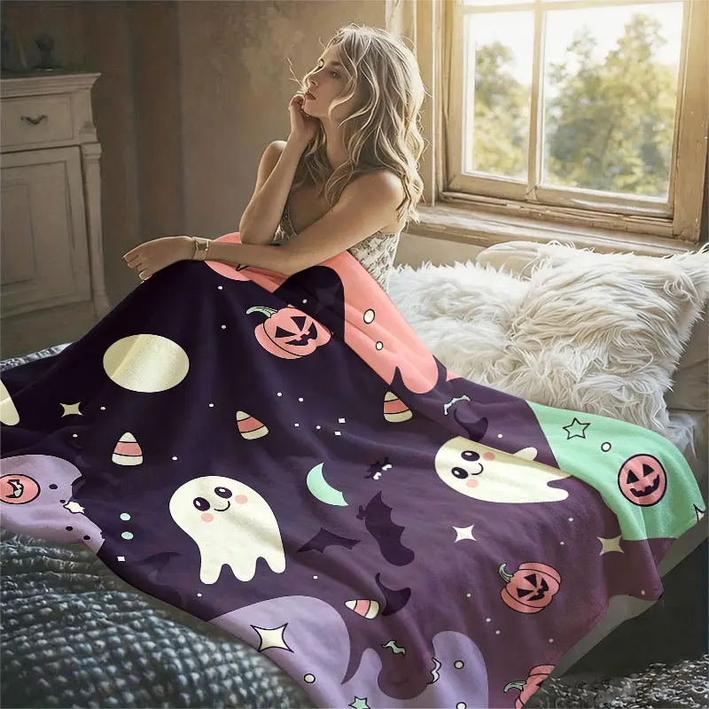 Cute Ghost Pumpkin Halloween Flannel Blanket Warm Soft Halloween Christmas Decorative Couch Warm Cozy All-Season Gift