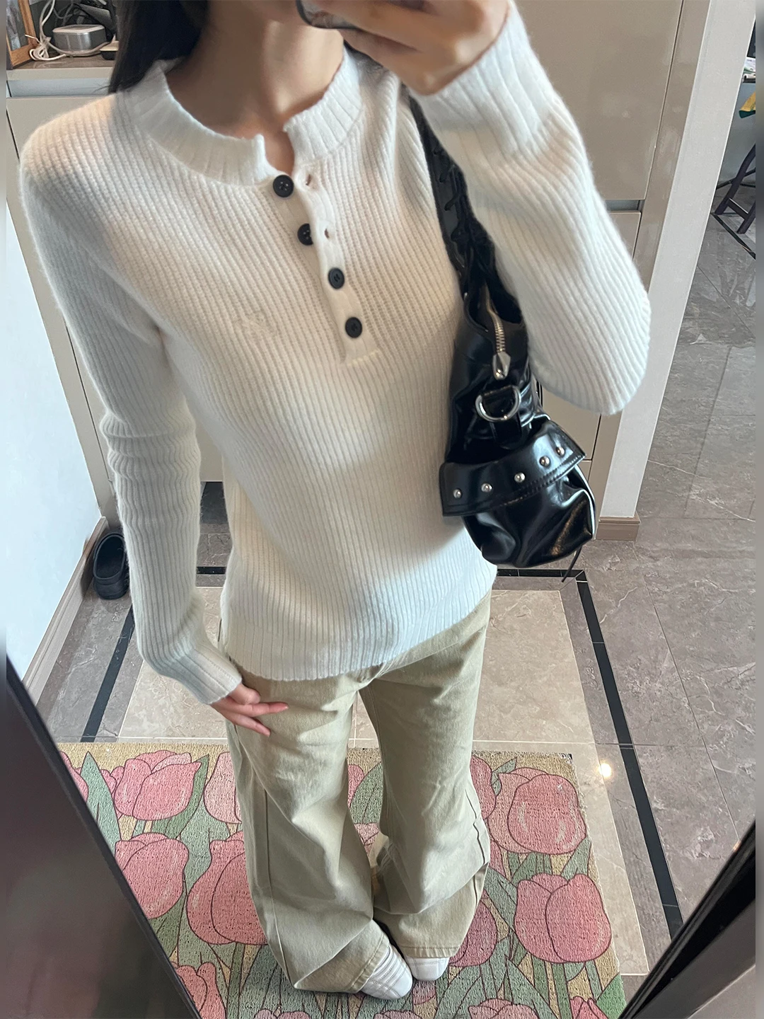 Suéter de Punto con Cuello Henry Estilo Americano para Mujer, Otoño Invierno, Ajustado, Versátil, Prenda Interior, Ropa Exter...