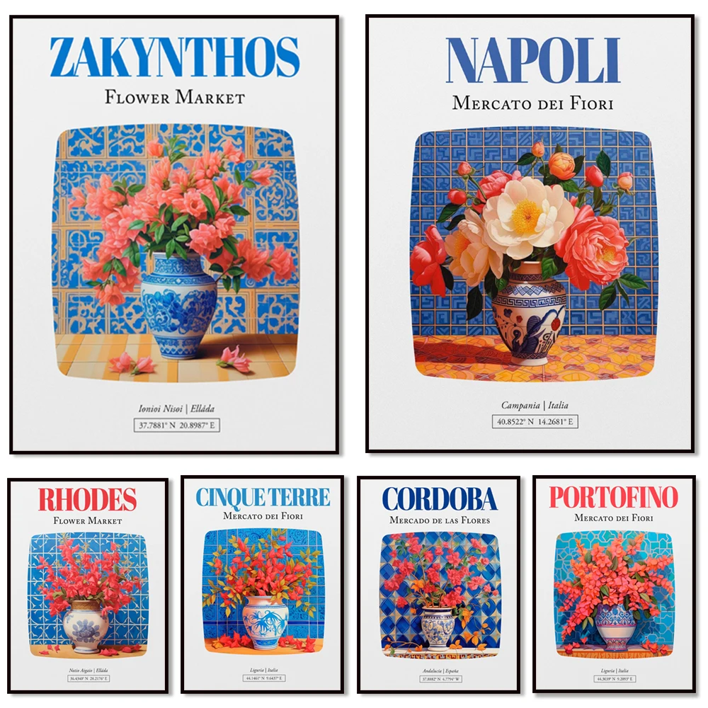 Naples, Italy, Balearic Islands, Spain, Zakynthos, Thessaloniki, Mercato dei Fiori, Maiolica Poster with camellia bouquet in vas
