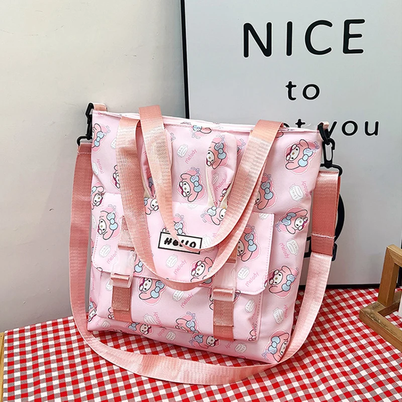 Sanrio Kuromi Cinnamoroll Melody Anime podwójnego zastosowania płócienna torba, Cartoon Tote torebka na ramię, uroczy, swobodny dodatek do