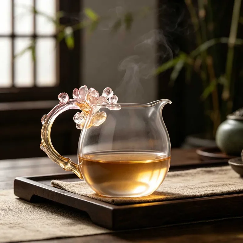 Thickened Crystal Glass Fair Cup with Plum Blossom Handle High Temperature Resistant Tea Separator Melon Edge Design for Tea