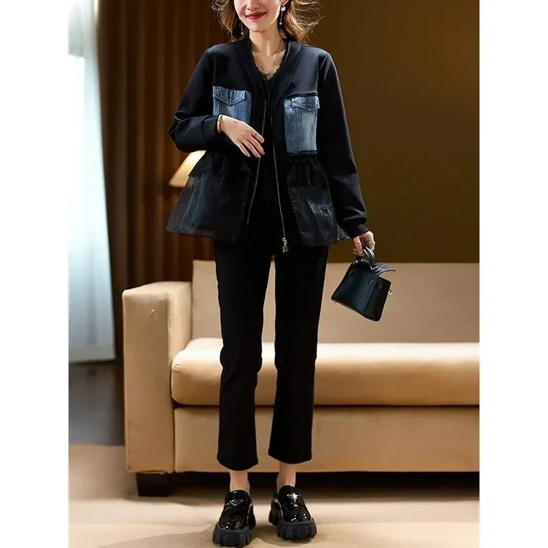 Spring Autumn Short Denim Join Together Coat Women 2024 New Fashion Loose Casual Jacket Black Gauze Temperament Outerwear Female