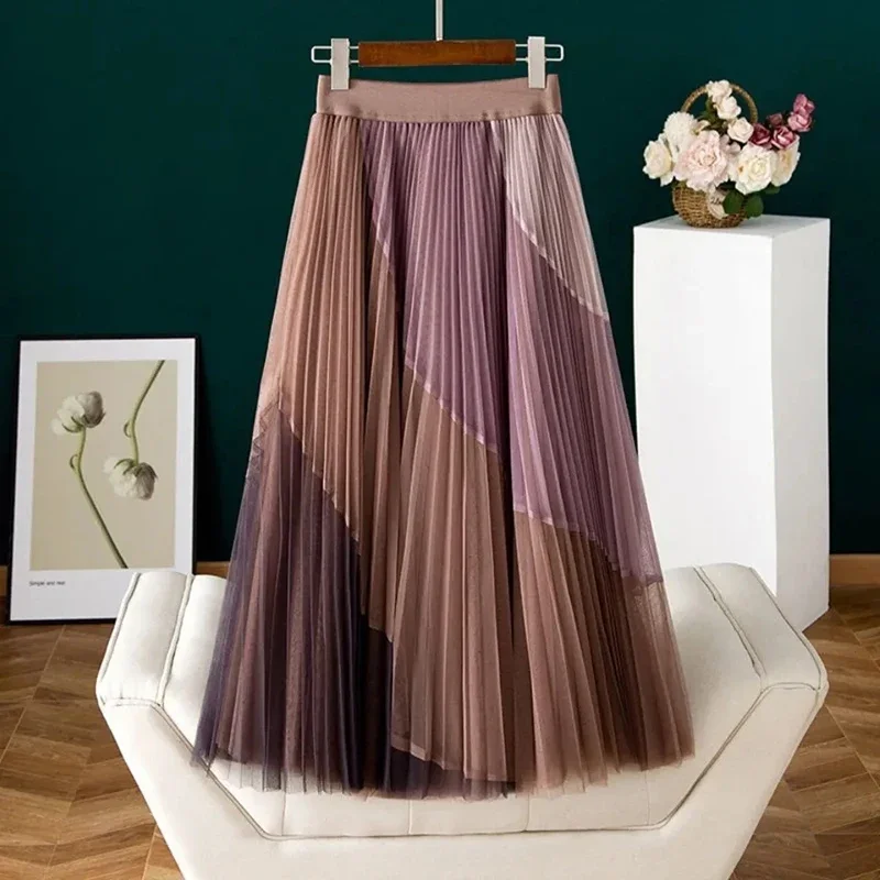 Lucyever Korean Fashion Contrast Mesh Long Skirt Women Elastic High Waist A-line Pleated Skirts 2022 New Summer Long Tulle Skirt