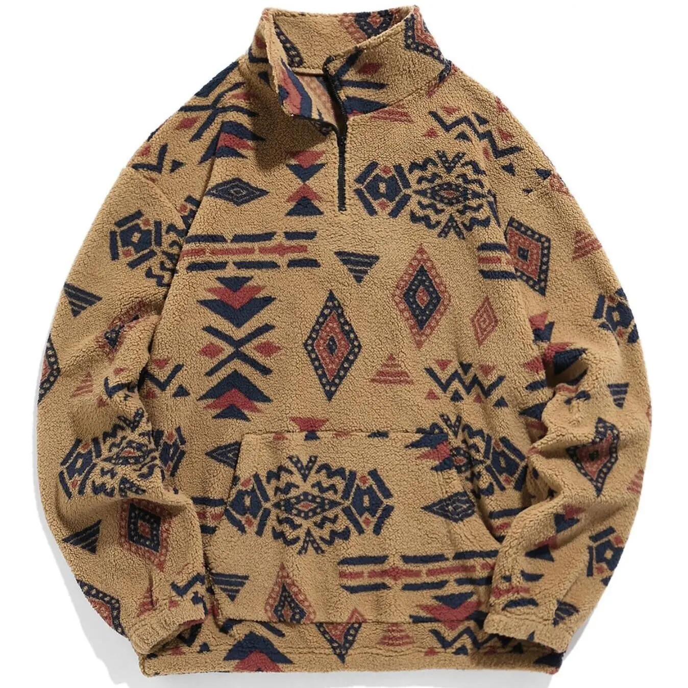 

Men Trend 1/4 Zipper Sweatshirt with Kangaroo Pocket Fall Winter Fleece Pullovers Jacket Ethnic Aztec Printed Hoodie Tops