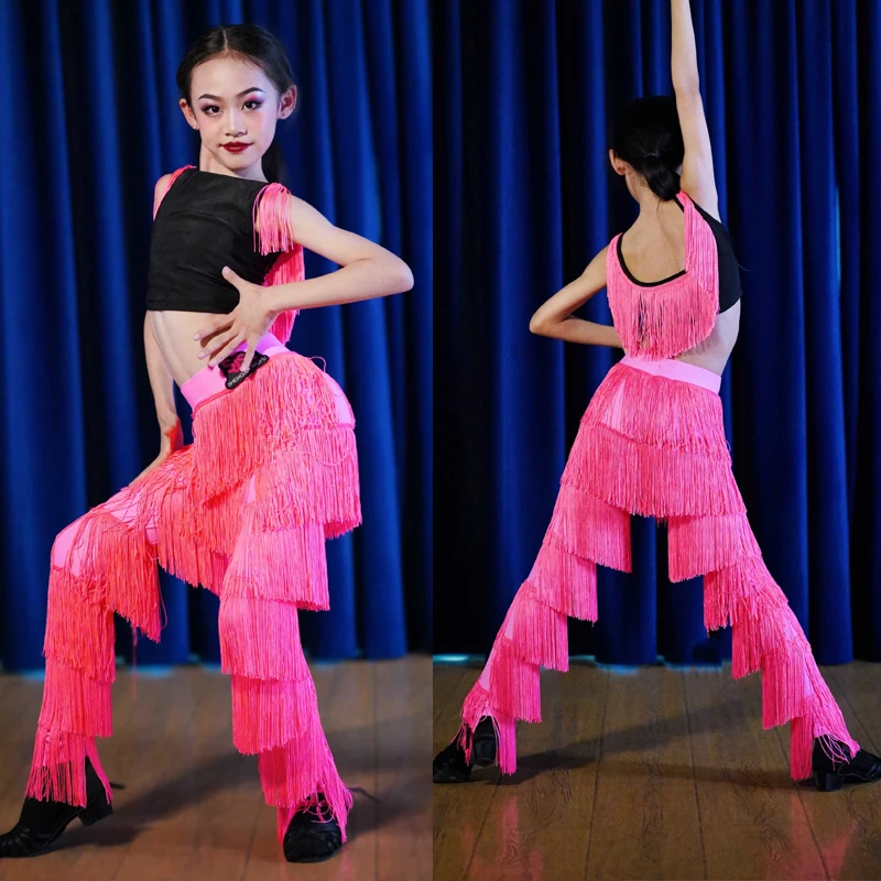 2023 New Latin Dance Costumes Sleeveless Latin Top Tassels Pants For Girls Performance Dancing Clothes Stage Show Wear SL9540