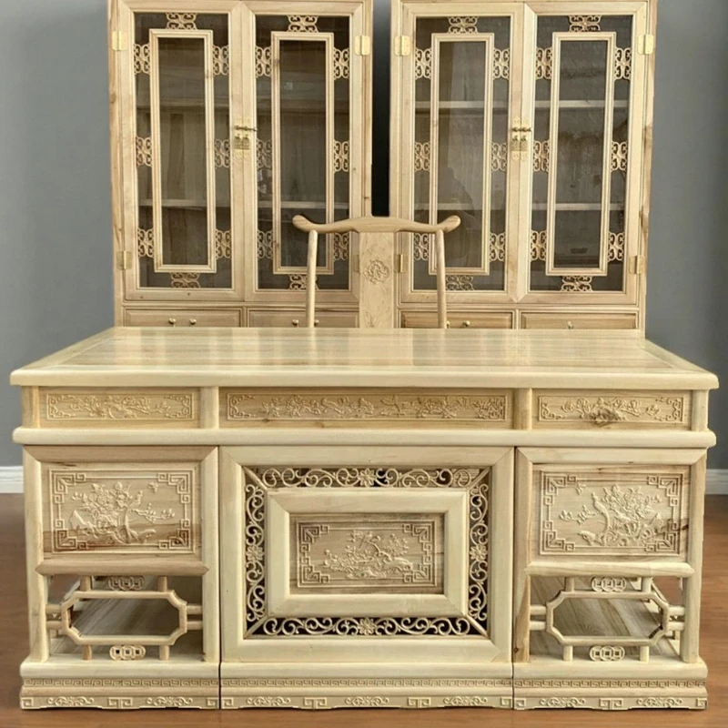 

Solid wood desk and chair combination full-scented camphor wood desk study furniture classical engraving