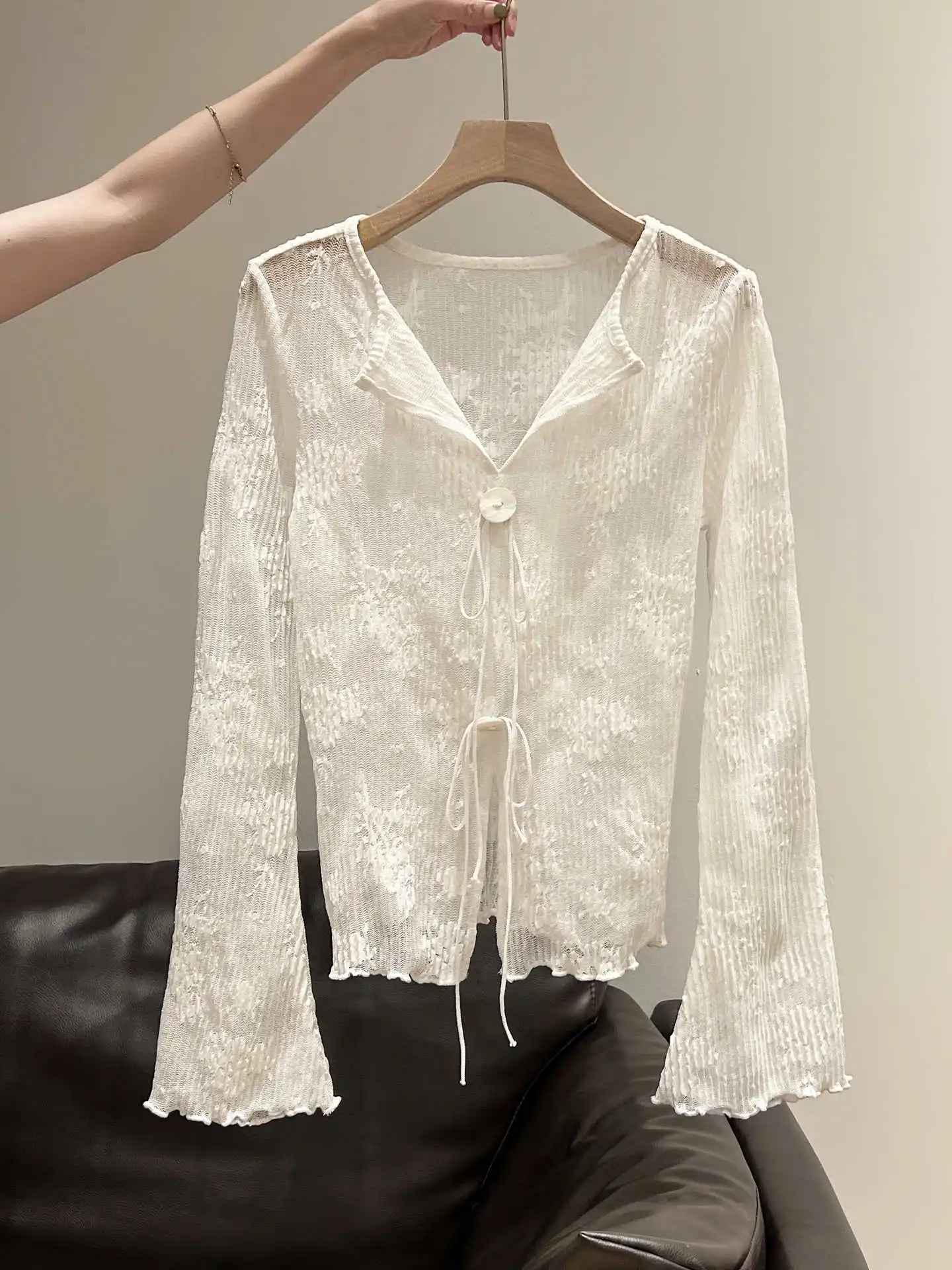 Kardigan Rajut Putih, Blus Lengan Panjang Berumbai di Telinga, Wanita Musim Gugur Awal 2025, Model Langsing, Renda Sedikit Transparan