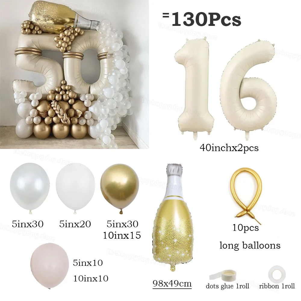 130 Stück Creme Sand Weißgold Zahlenballons Set 40 Zoll Zahlenfolienballons für Happy 20 30 40 50. Geburtstag Partydekorationen – Detail 38