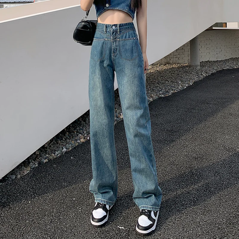 

Blue Jeans Women American Wide Leg Pants Loose Fashion High Waisted Street Temperament Vintage Female Bottoms Summer Trousers