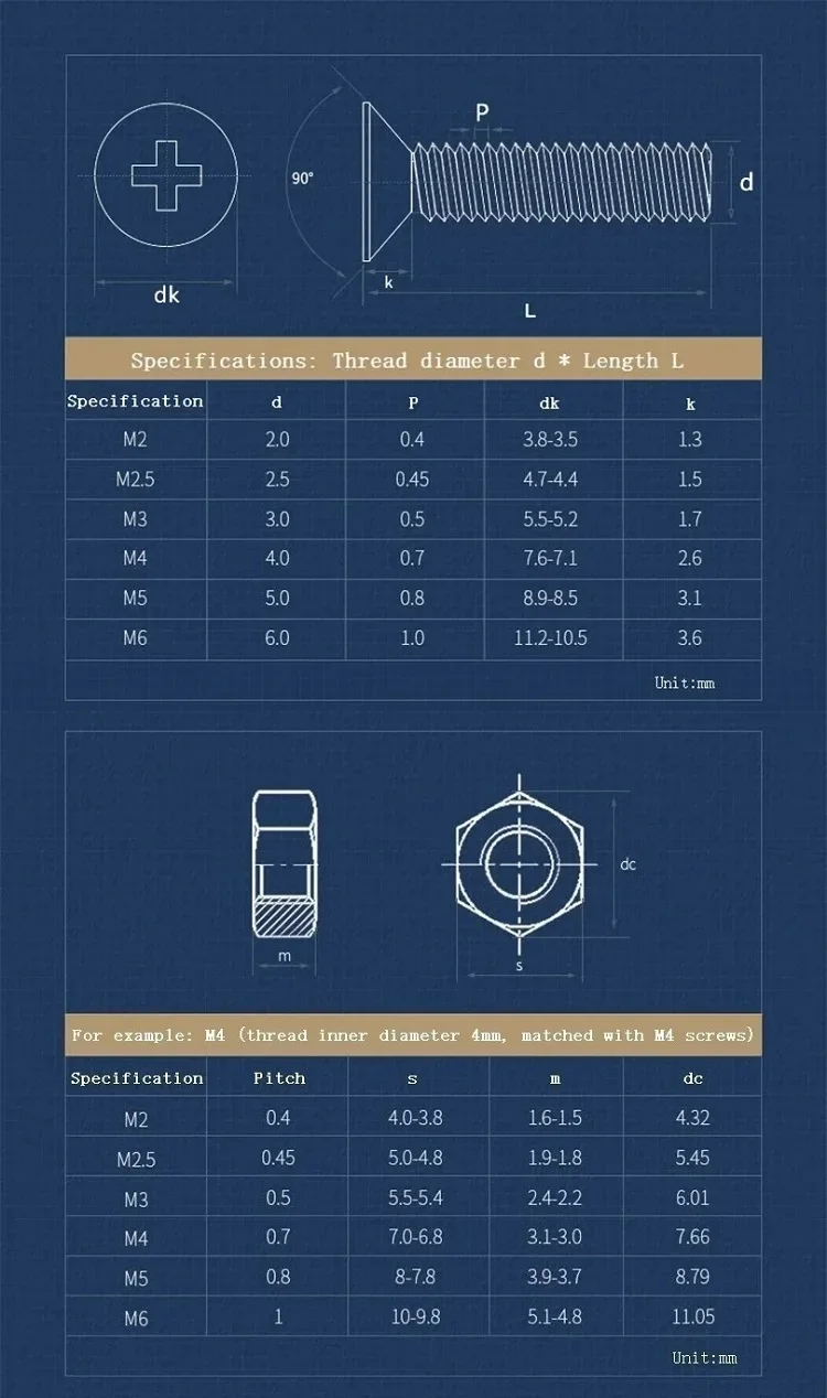 M2 M2.5 M3 M4 M5 M6 Brass Copper 2 In 1 Flat Head Phillips Bolt Nut Combination Set Cross Countersunk Screw Hexagon Nuts