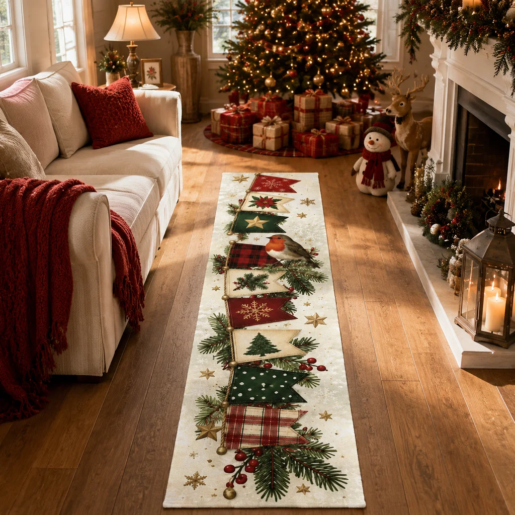 Christmas Robin Pattern Striped Carpet for Living Room Entrance Corridor Staircase Dining Room Easy to Clean Rug， Home Decor