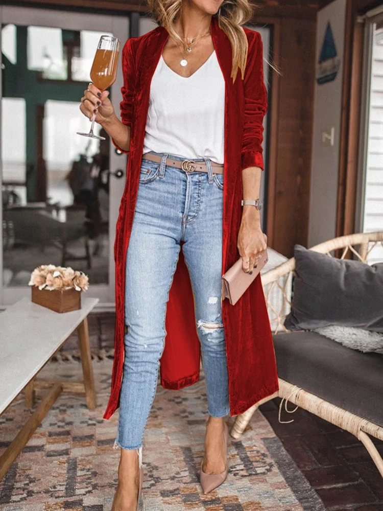 Velvet Long Coats for Women Casual Long Sleeve Loose Autumn Coat 2024 Vintage Kimono Dress Boho Beach Wear Party Capes